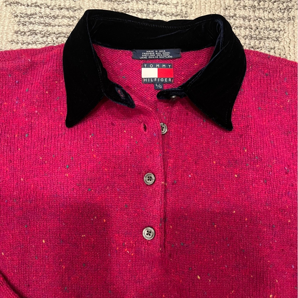 Tommy Hilfiger Velvet Wool Colorful Speckled Polo Sweater Classic Preppy - Picture 3 of 13